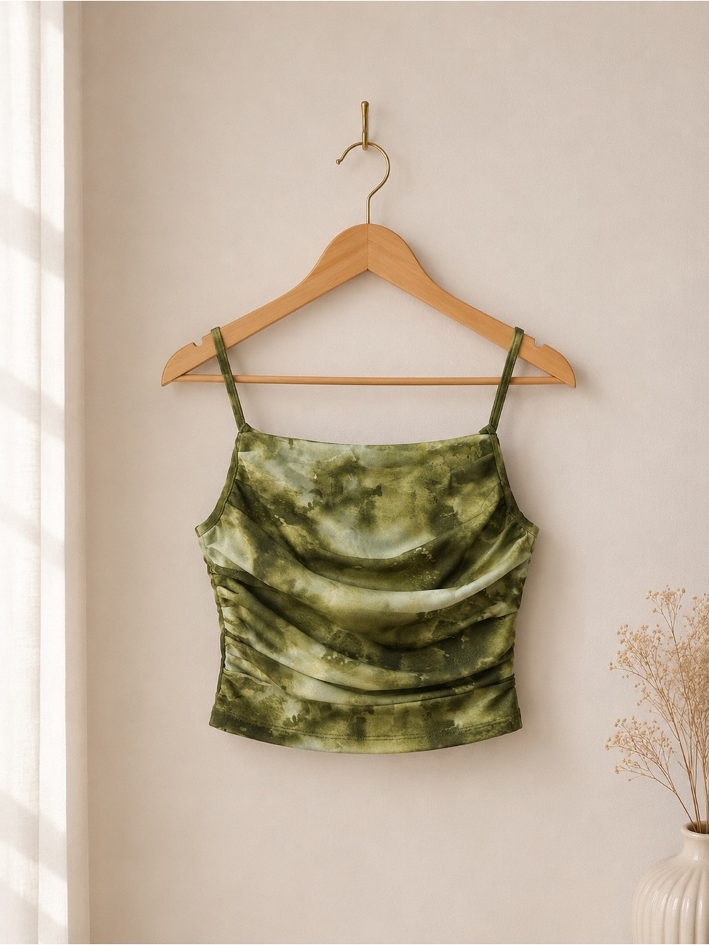 Olive Tie-Dye Cowl Neck Satin Cami Top